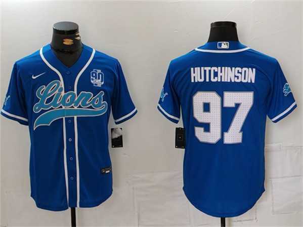 Mens Detroit Lions #97 Aidan Hutchinson Blue With 90th Anniversary Patch Cool Base Stitched Baseball Jersey